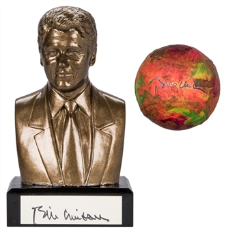 Lot of (2) President Bill Clinton Signed Hand Painted Baseball & Bronze Bust (PSA/DNA)